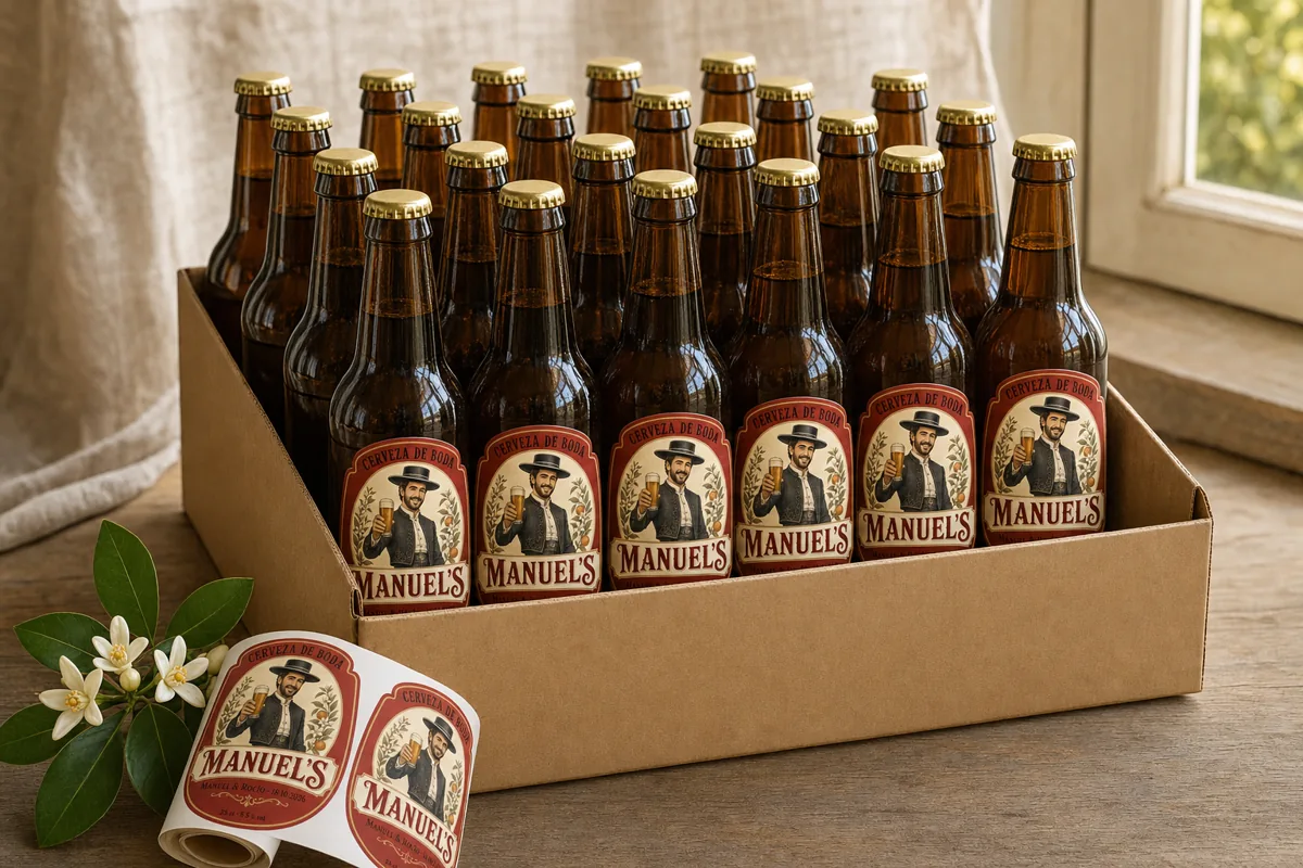 Botellines con etiqueta personalizada de boda en su caja