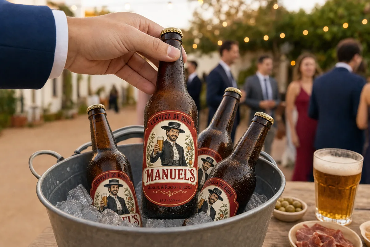 Cerveza personalizada con etiqueta ilustrada en un cubo con hielo en una boda