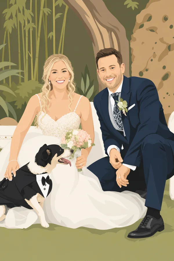 Ilustración personalizada realista de la misma pareja de novios con su perro