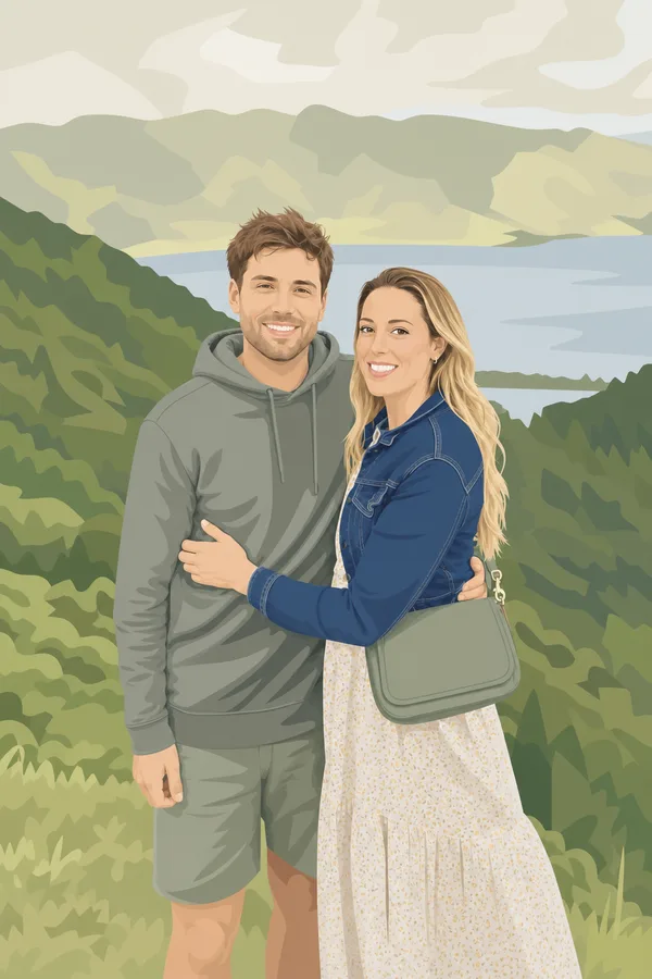 Antes y después: una pareja frente a un lago, dibujada en estilo realista