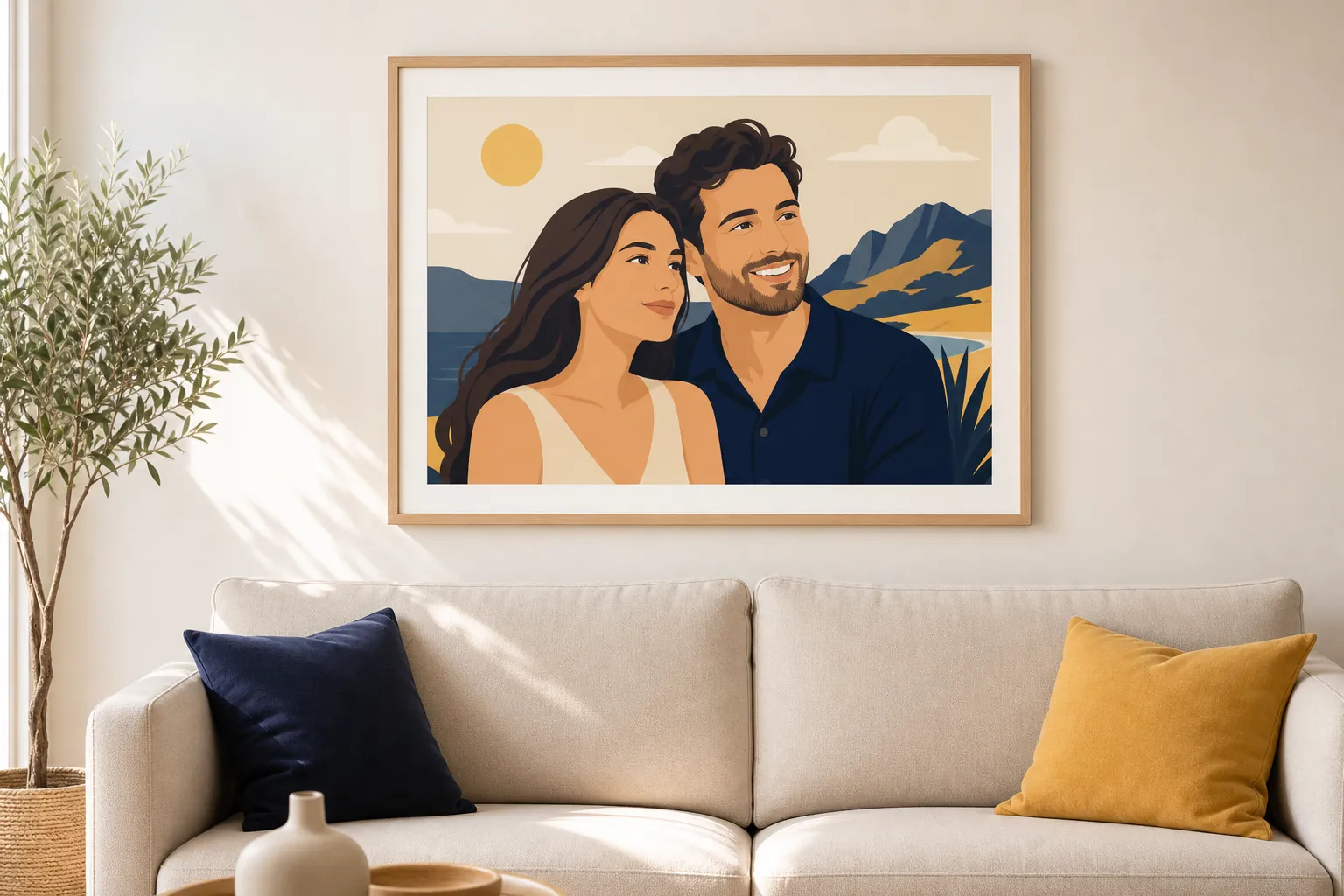 Ilustración personalizada enmarcada sobre el sofá del salón