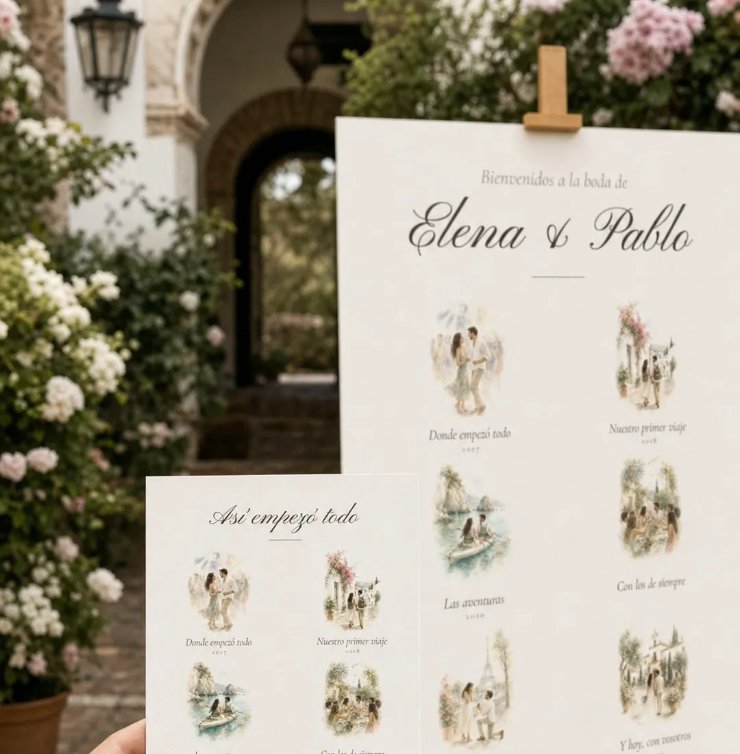 Cartel de bienvenida a la boda con la historia de la pareja ilustrada