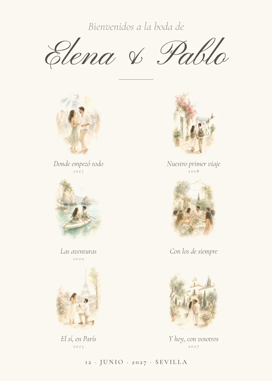 Diseño del cartel de bienvenida con la historia de los novios