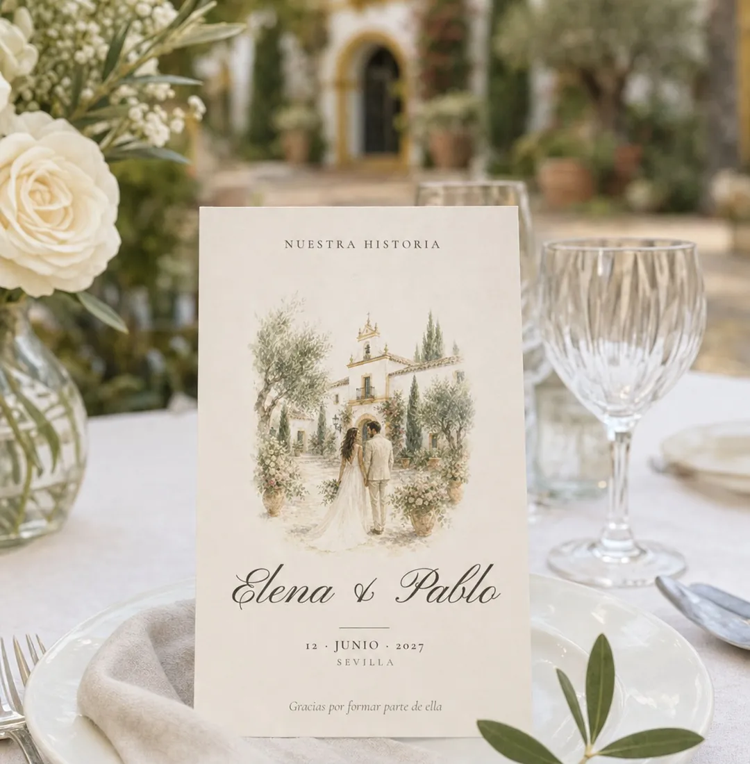 Tarjeta ilustrada con la historia de los novios en el plato de un invitado