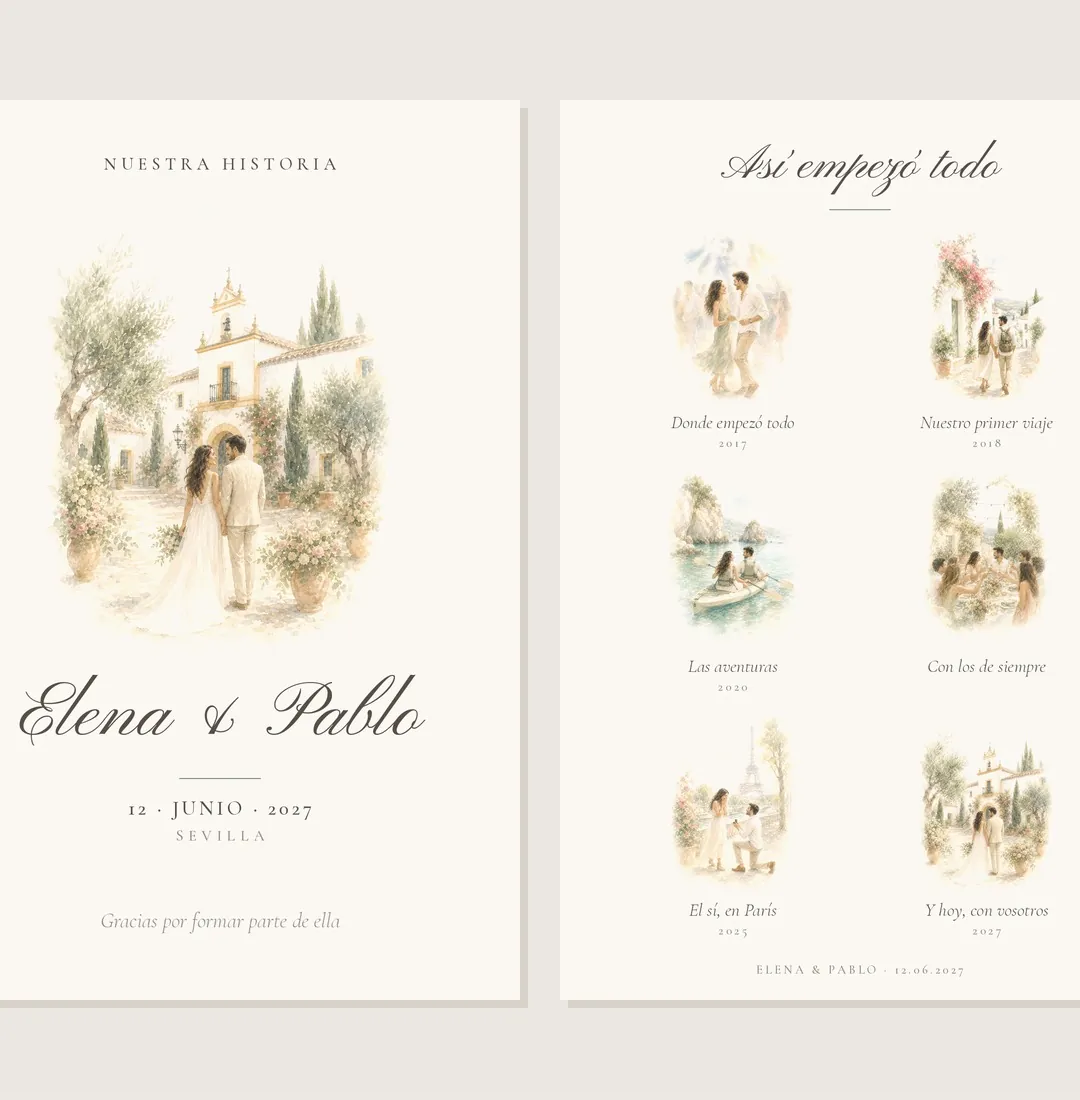 Tarjeta de boda 10×15: frente con los novios y dorso con seis escenas de su historia