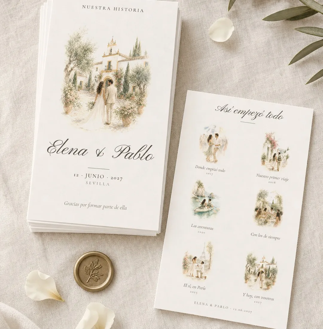Tarjetas con la historia de los novios sobre el mantel del banquete