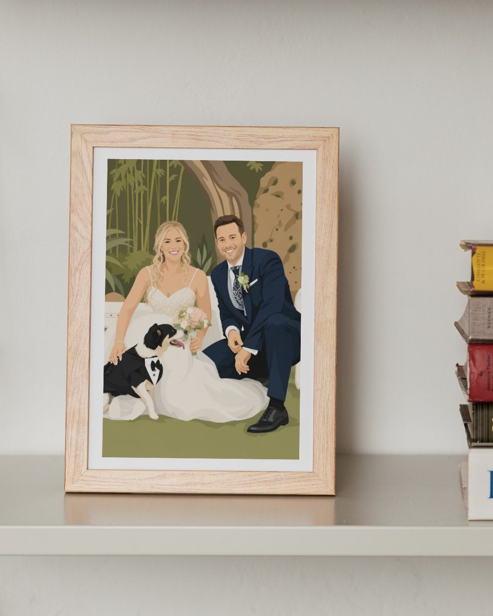 La ilustración de boda impresa y enmarcada en madera, sobre una balda