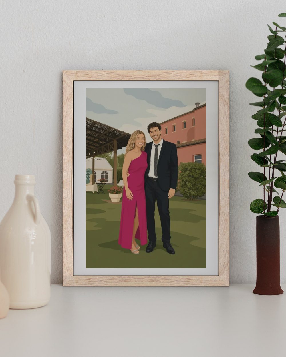 Ilustración personalizada realista de una pareja en una boda, enmarcada en madera en 30 × 40