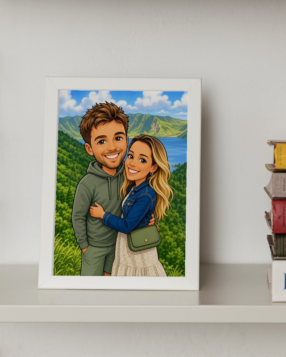 Ilustración cartoon de una pareja frente a un lago, enmarcada en blanco