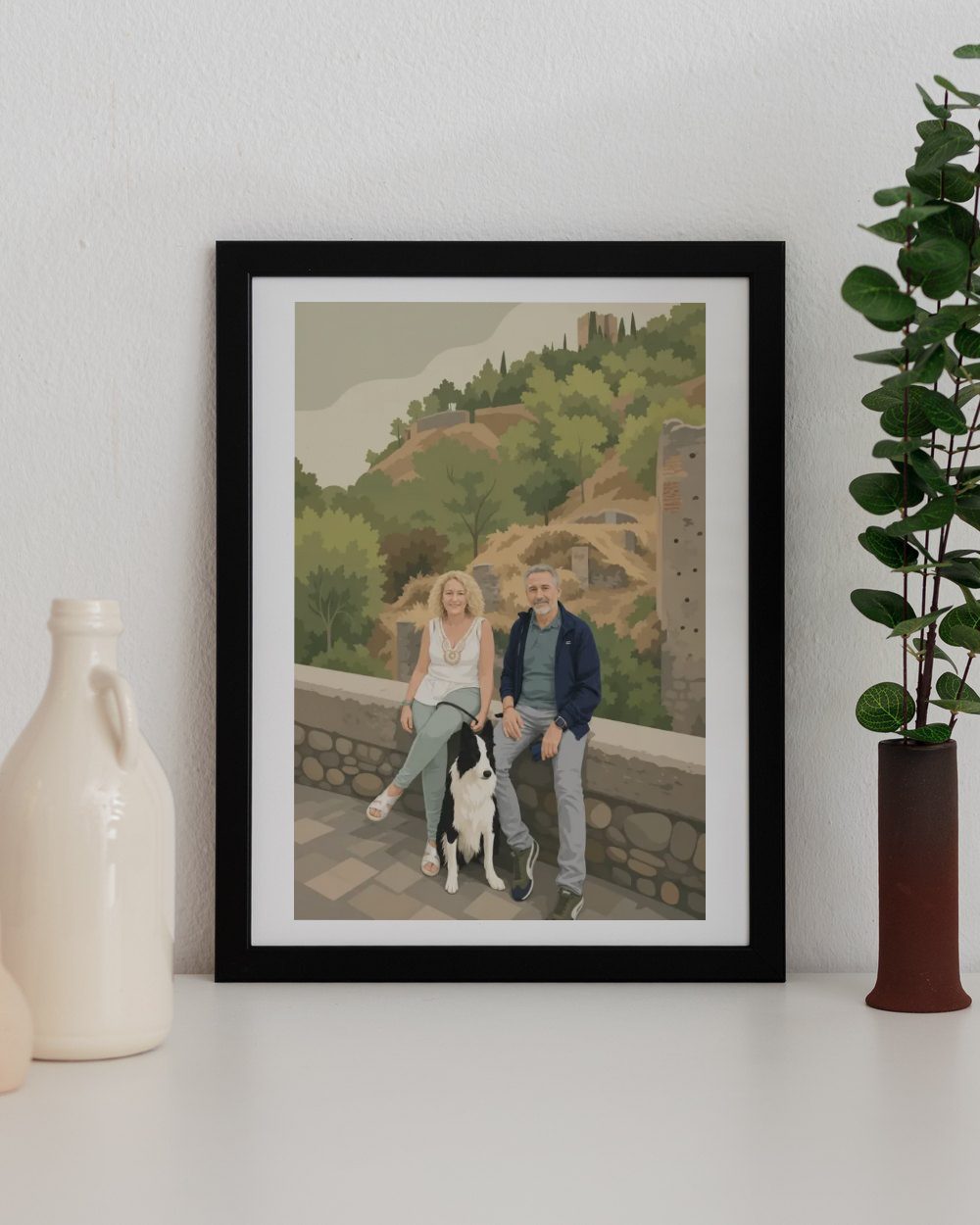 Ilustración personalizada realista de una pareja con su border collie, impresa y enmarcada en negro