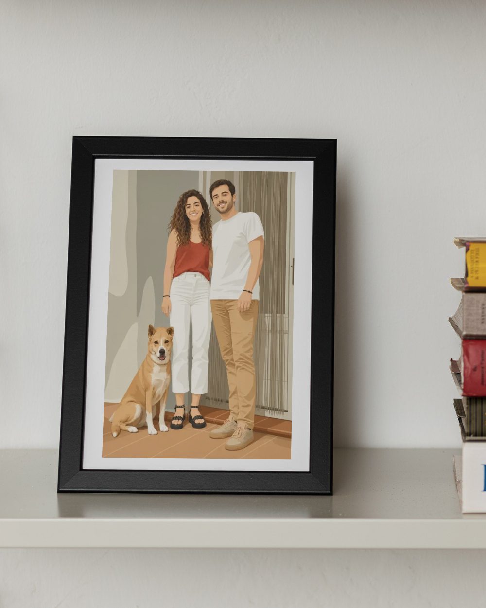 Ilustración realista de una pareja con su perro en el portal de casa, enmarcada en negro