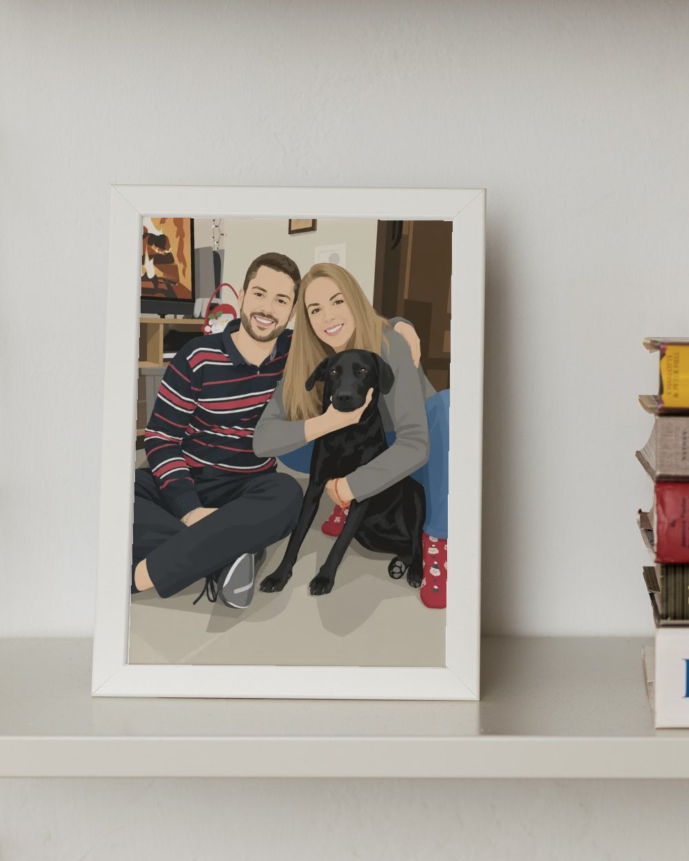 Ilustración realista de una pareja con su labrador en el salón, enmarcada en blanco