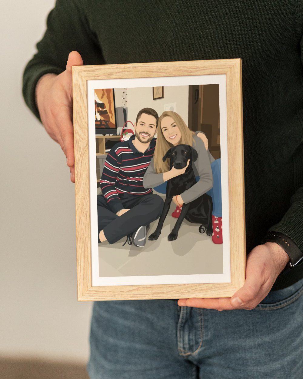 Ilustración personalizada de una pareja con su labrador, enmarcada en madera y lista para regalar