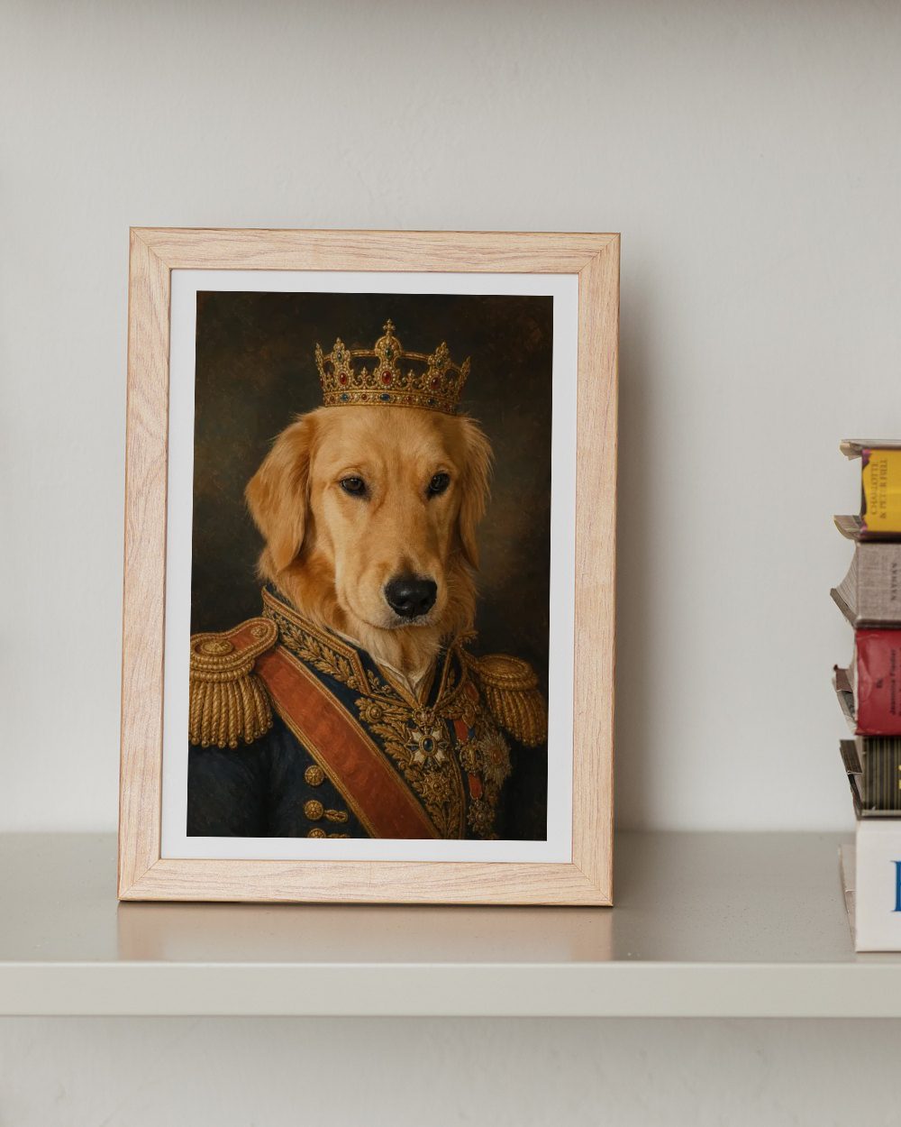 Retrato de mascota de la realeza: un golden retriever con uniforme y corona